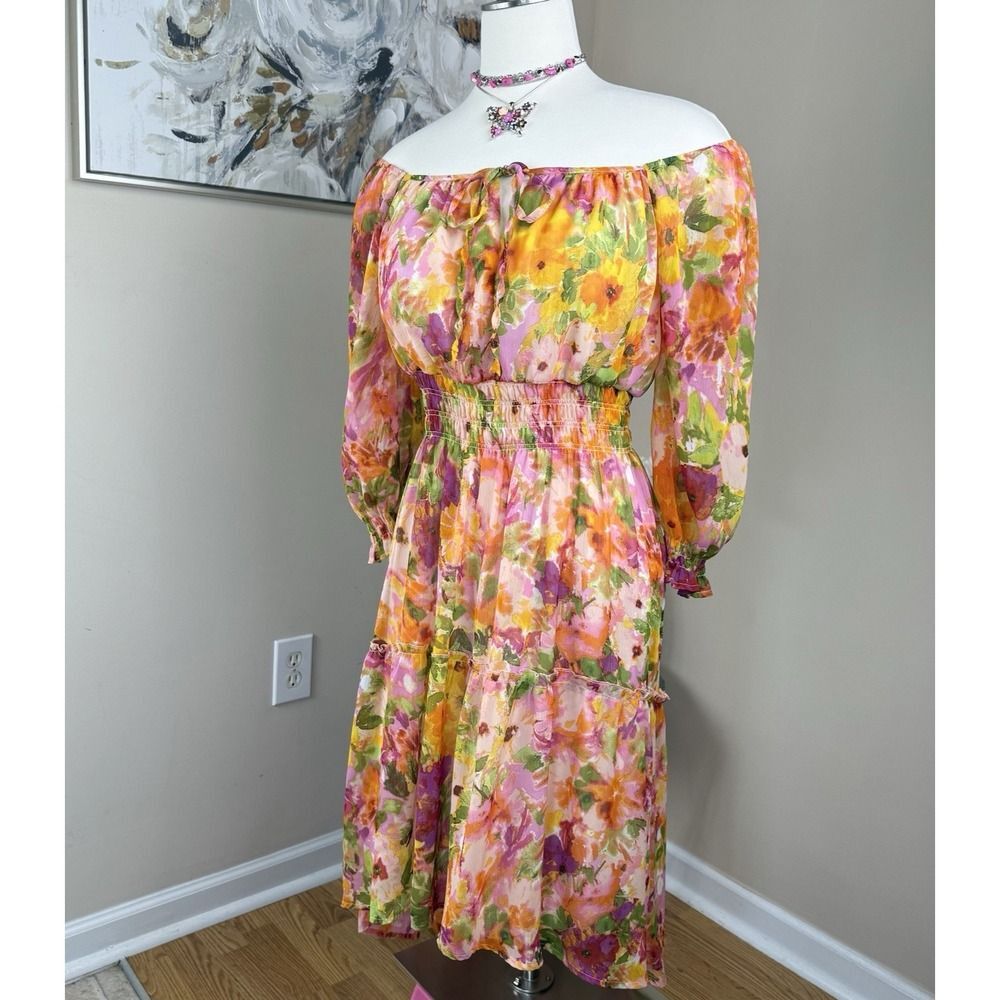 Figueroa & Flower Floral Fairycore Boho Off Shoulder Dress Size L‎